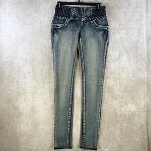 Sexy Couture Denim Jeans‎ Women 5 Skinny Embroidered Grid Rhinestones Distressed